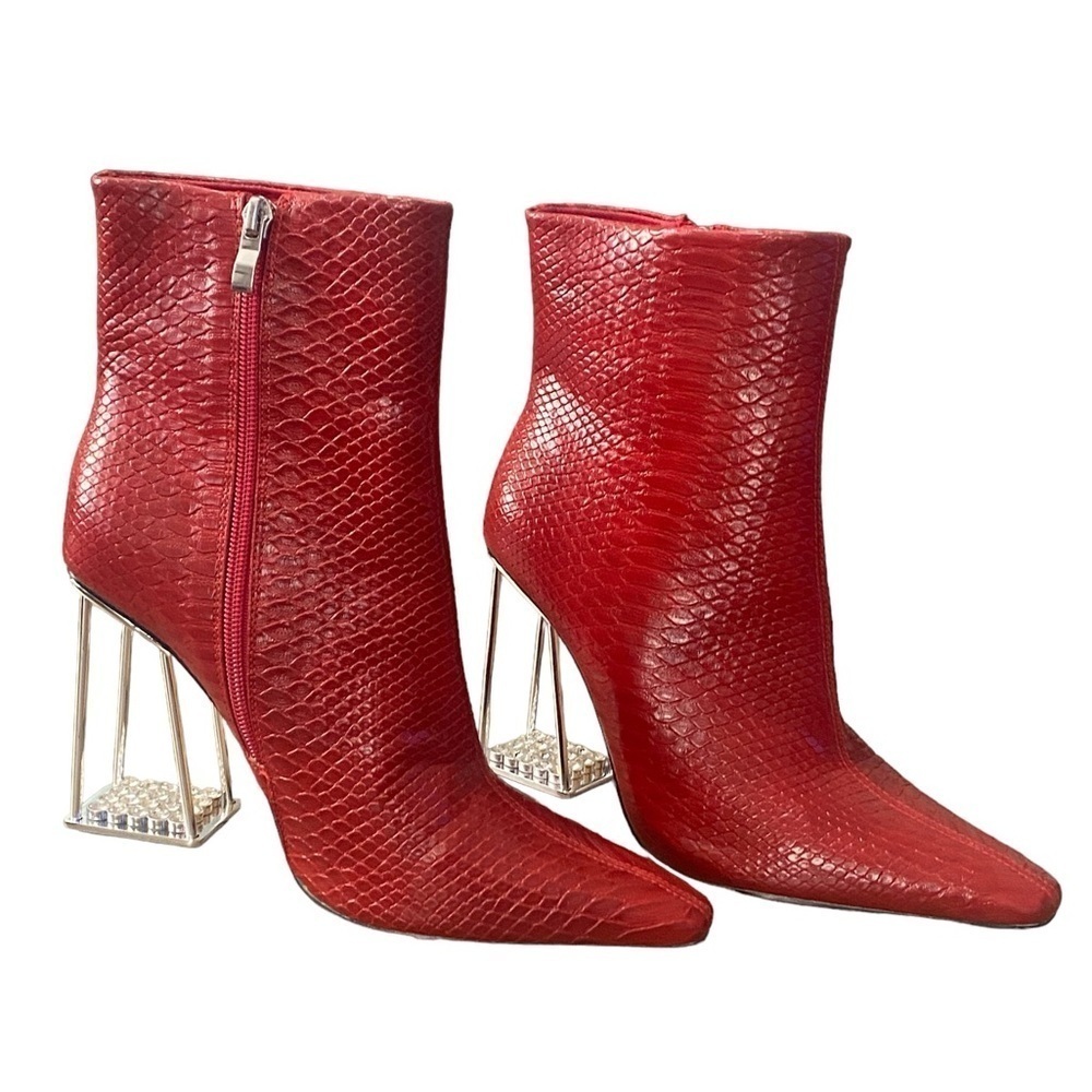 Ashley Kahen Glam Red Jeweled Cage Heel Pointed Bootie Size 9